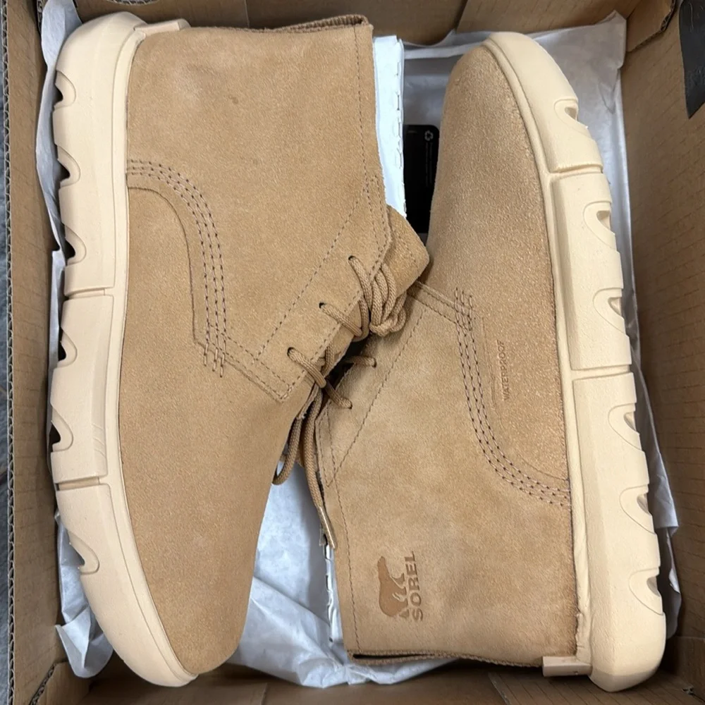 New In Box, Sorel Men's Explorer Drift WP 'Tawny Buff / Ceramic | Size 8.5 - Picture 2 of 6